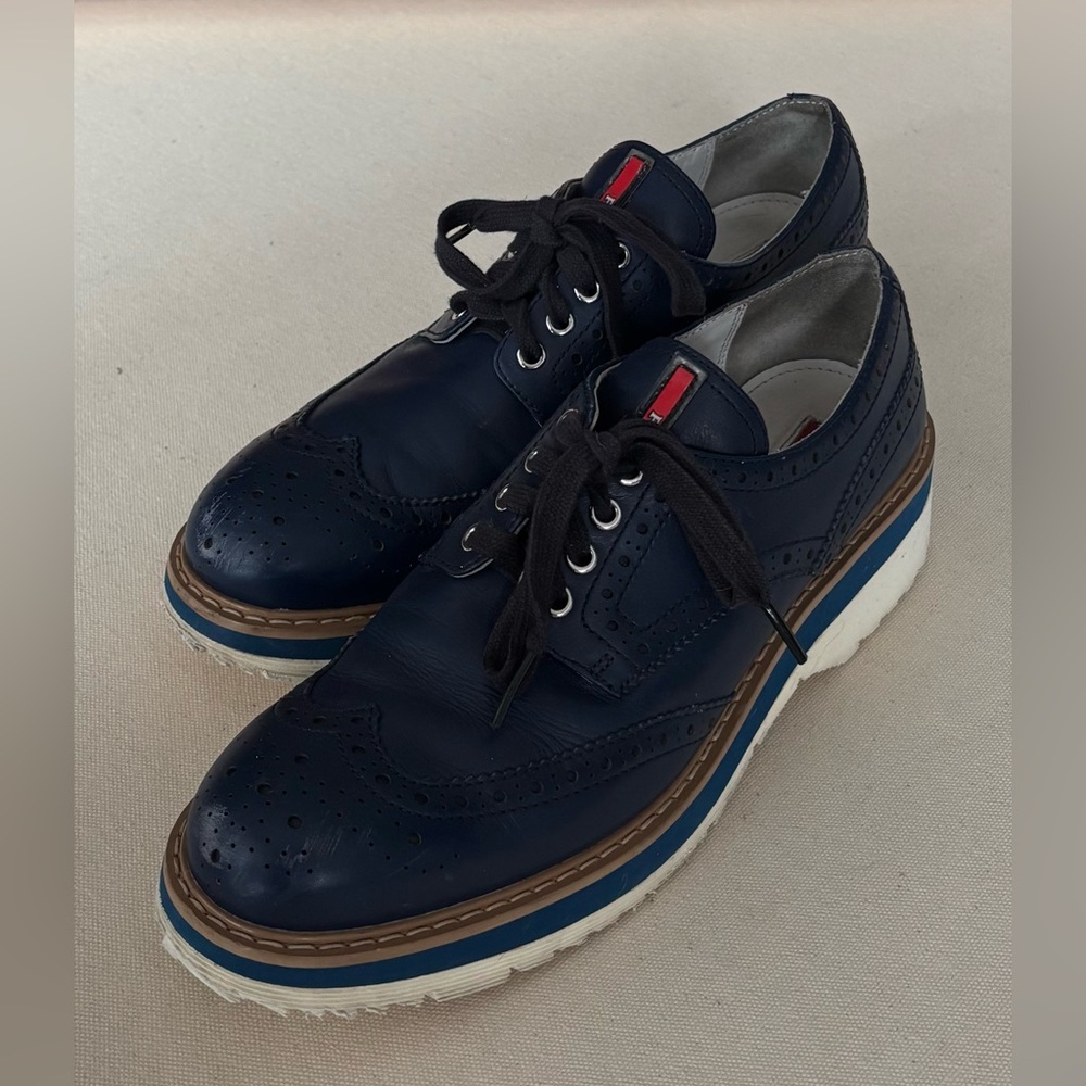 Prada Navy Blue Leather Wingtip Brogue Platform Sneakers 3E5400 Sz: 39.5 - Picture 2 of 11